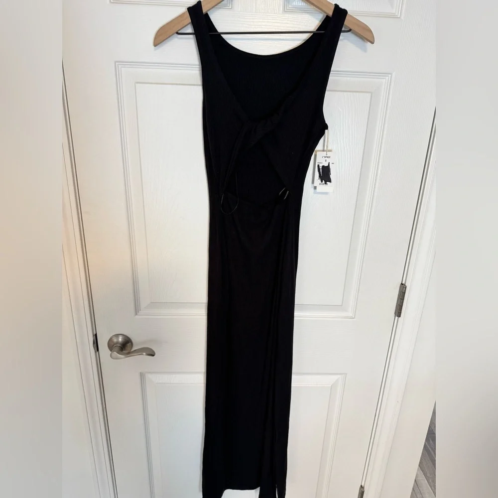 L‎ Space Midi Dress Black ribbed sleeveless side slit NWT